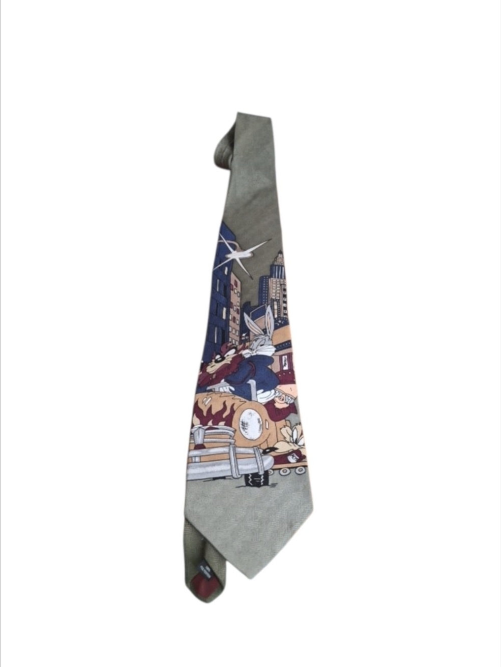 Men's Gray Novelty Tie with Multicolor Cartoon City  Vintage looney tunes